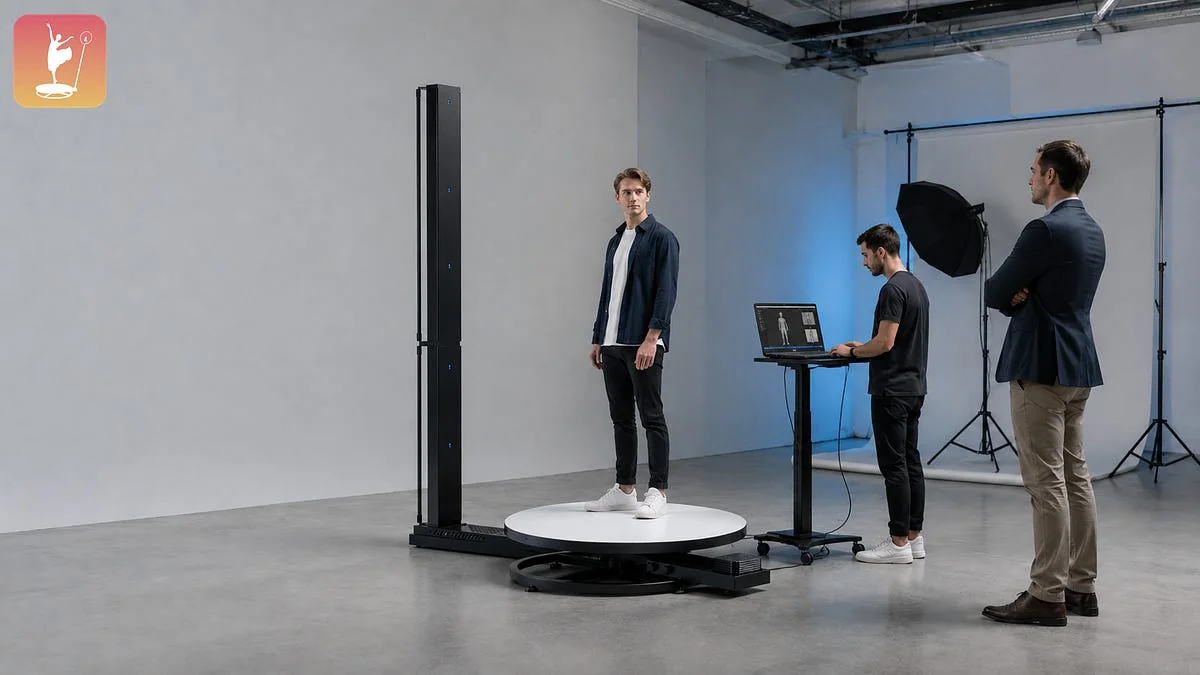 Full-body 3D scanner arranged for an in-person workflow demonstration