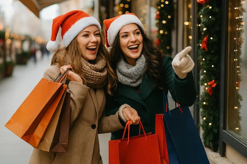 Two shoppers carrying bags beside a decorated shop window
