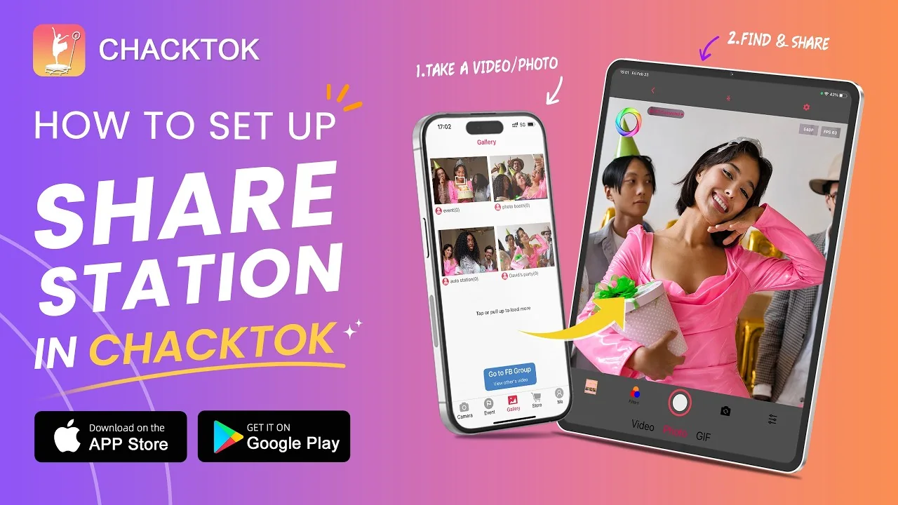ChackTok photo booth workflow displayed across a phone and tablet