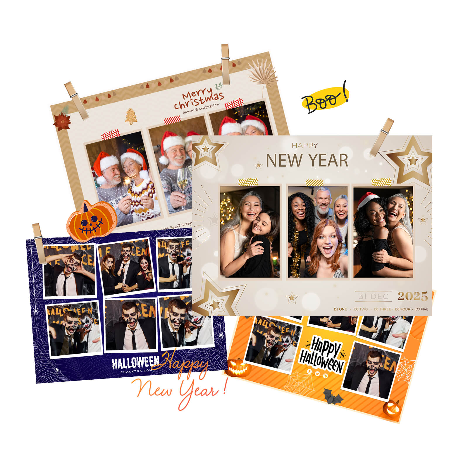 ChackTok event templates show sample photo layouts for several event formats.