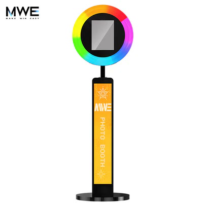 An MWE iPad Photo Booth is shown with an illuminated ring and freestanding base.