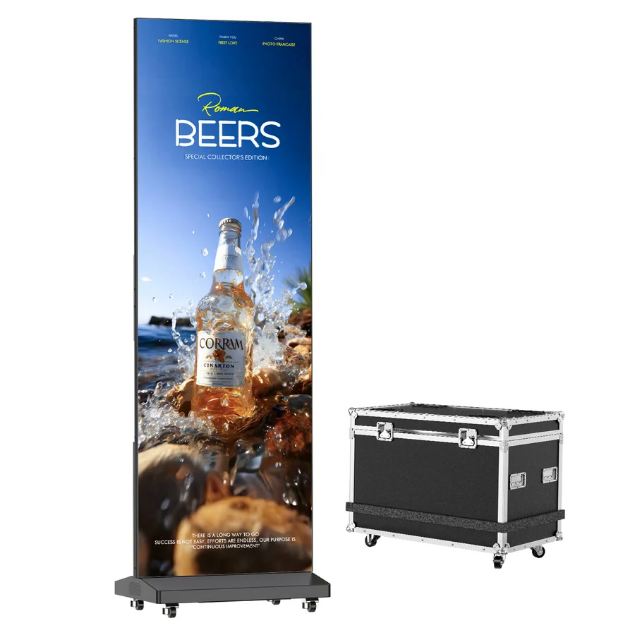 An MWE LED poster display with its transport case.