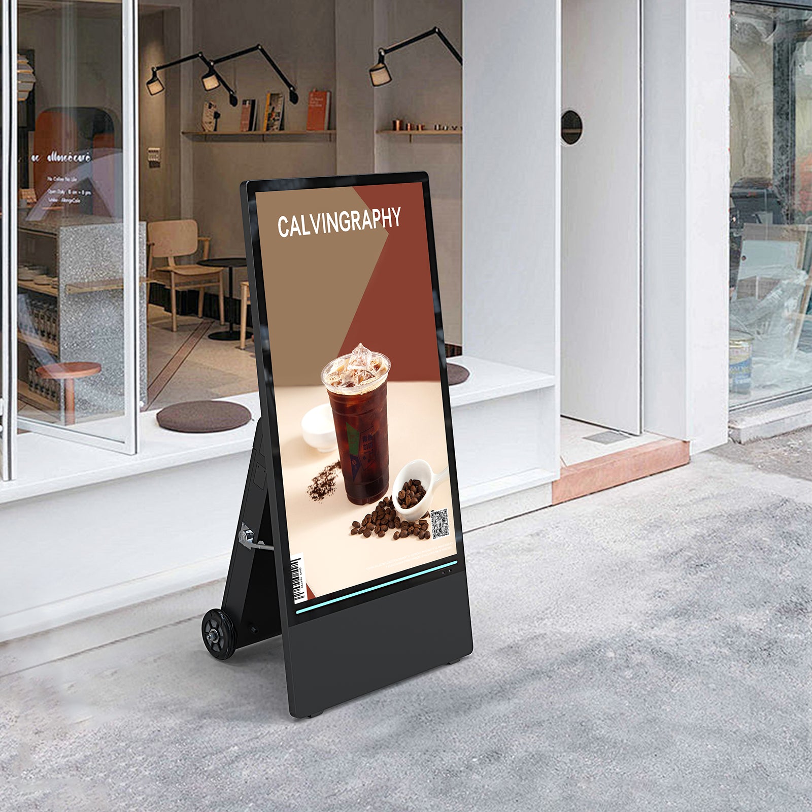 An MWE portable semi-outdoor LCD display outside a storefront.