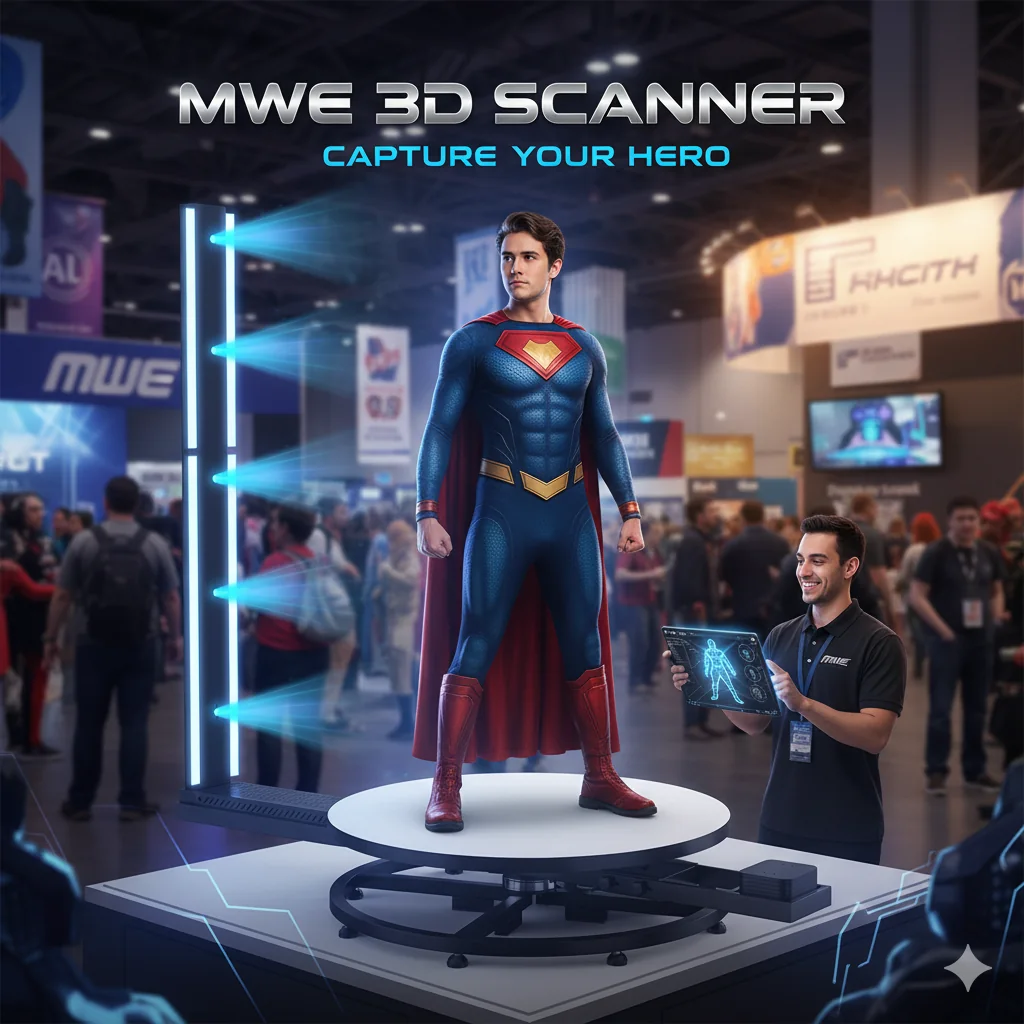 An MWE multi-camera 3D scanning system shown around a captured subject.