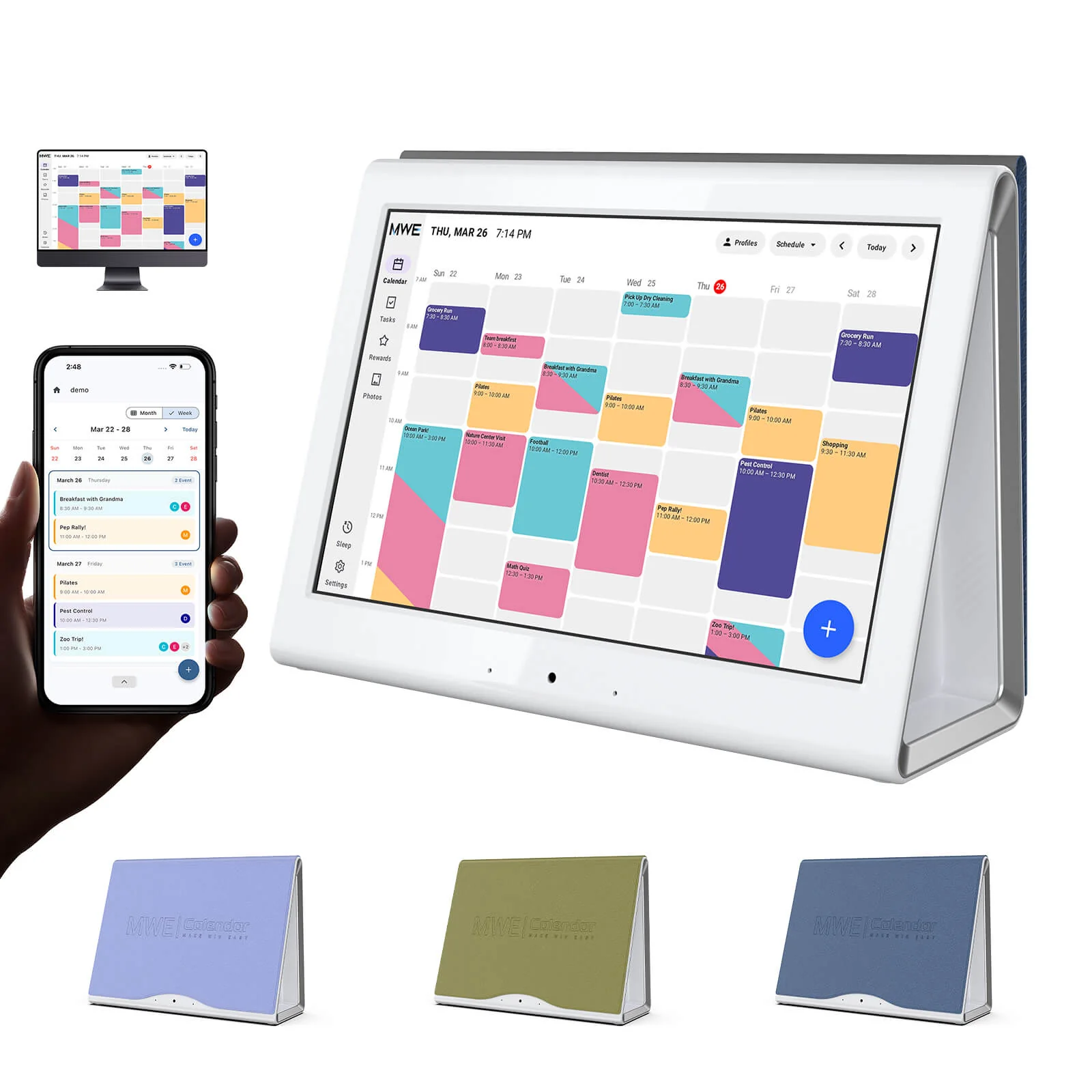 An MWE smart home calendar display with mobile app and color folio options.