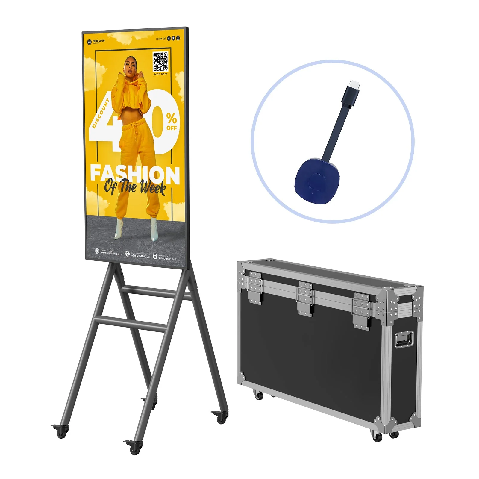 An MWE mobile interactive display kiosk with its transport case.