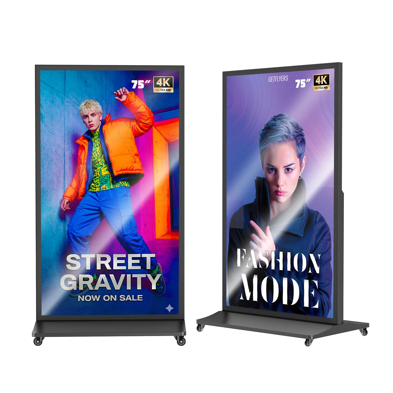 Two MWE freestanding LCD digital signage displays.