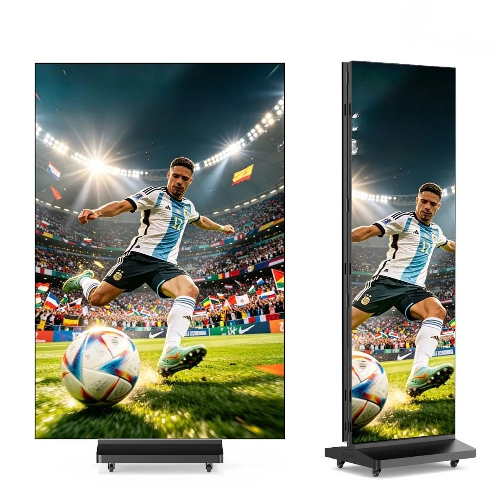 Two MWE tri-fold LED poster displays showing vivid digital content.