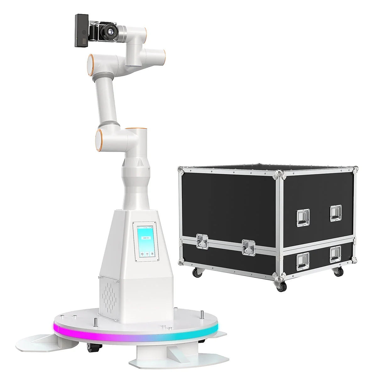 An MWE robotic camera-arm imaging system with its transport case.