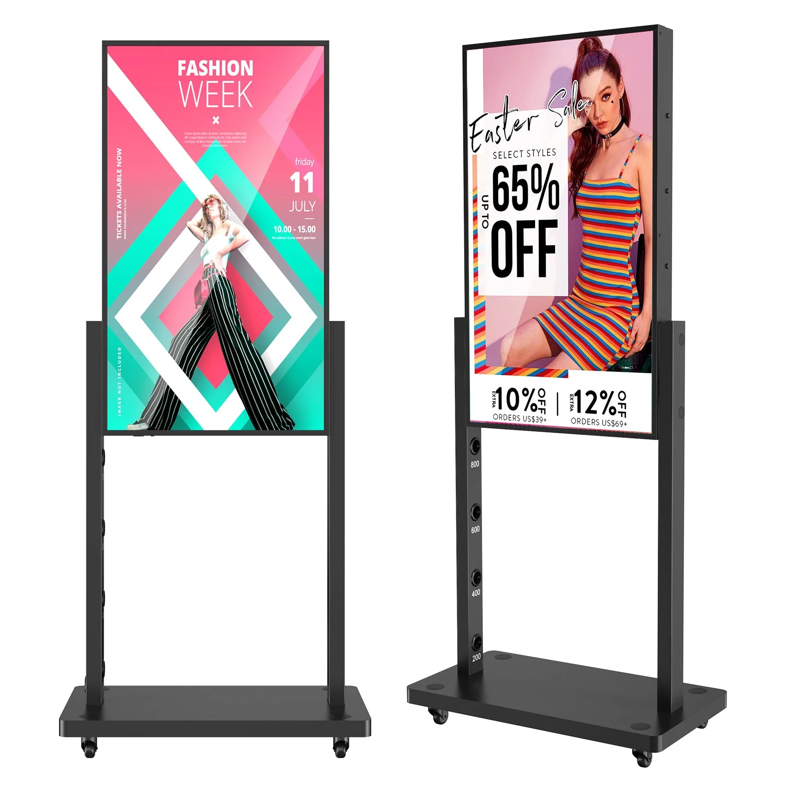 Two MWE shop-window advertising displays on adjustable stands.