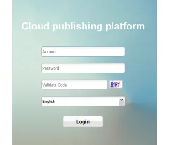 Official Marvel Tech Group cloud publishing platform login interface with account, password, validation code, language, and login controls.