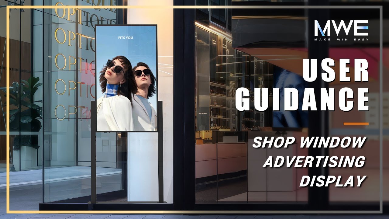 An MWE shop-window advertising display shown behind a retail window.